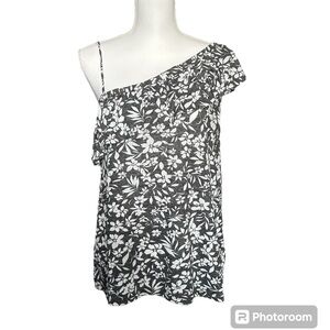 NWT Old Navy One shoulder Tropical Floral Shirt, Gray and White, size Me…